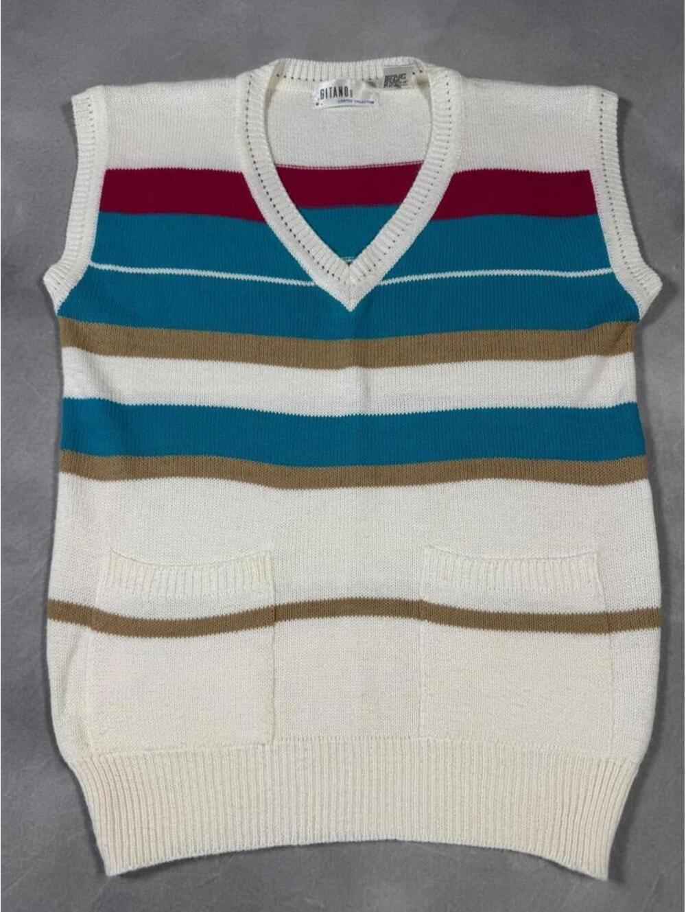 Vintage 80s / 90s Gitano Sweater Vest Medium Striped Oversized Knit Pockets